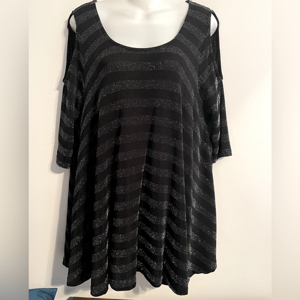 LARGE NALLY & MILLIE sparkly, black/metallic cold-shoulder womens’ top